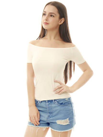 Allegra K- Off Shoulder Solid Slim Fit Tees