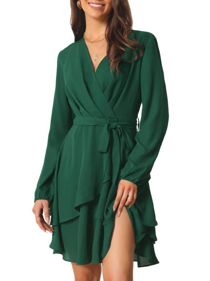 Allegra K- Deep V Neck Wrap Long Sleeve Belted Mini Skating Flowy Dress