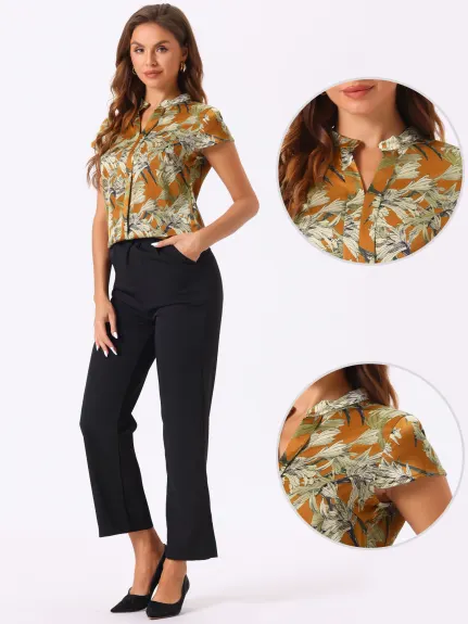 Allegra K- Satin Floral Cap Sleeve Blouse