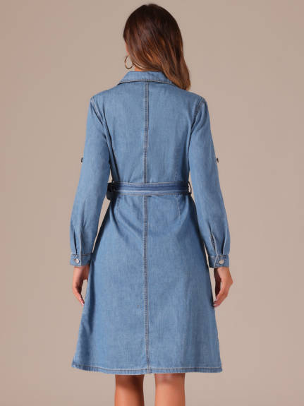 Allegra K - Long Sleeve Button Down Belted Denim Dress