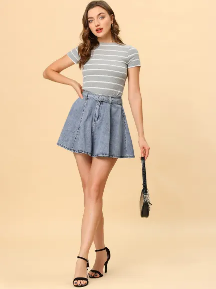 Allegra K- Belted A-Line Mini Denim Skirt