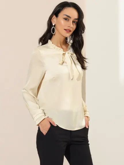 Allegra K- Satin Ruffle Tie Neck Long Sleeve Blouse