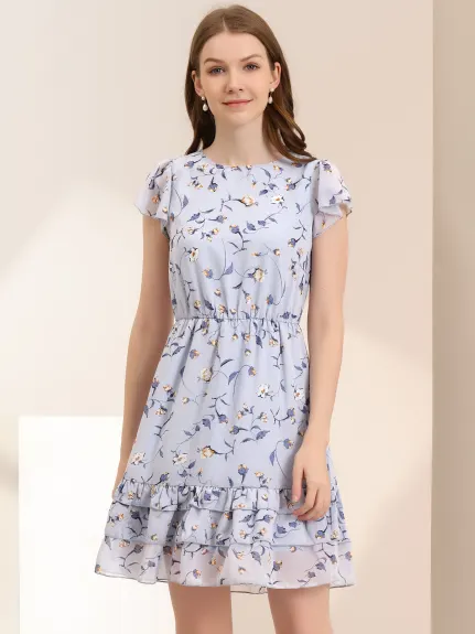 Allegra K- Floral A-Line Ruffle Layered Chiffon Dress