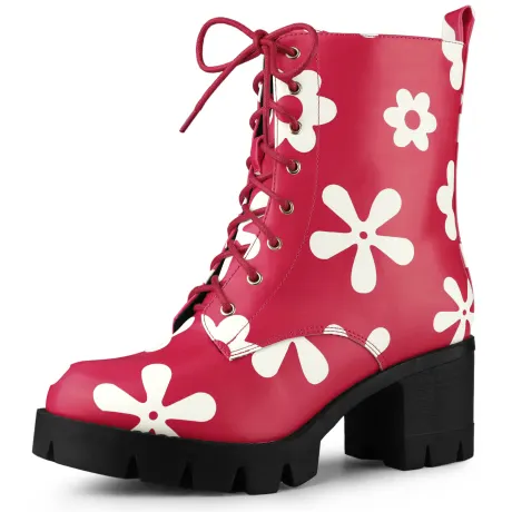 Allegra K - Printed Platform Round Toe Lace Up Combat Boots