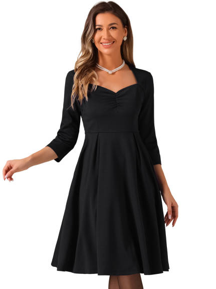 Allegra K- 3/4 Sleeve Sweetheart Neck Pleated Midi Dress