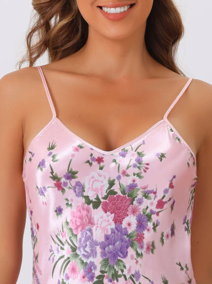 Cheibear - Sleeveless Floral Satin Lingerie Nightgown