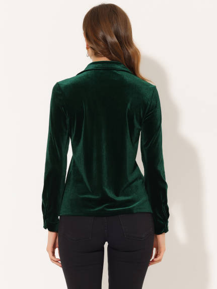 Allegra K- Velvet V Neck Long Sleeve Shirt Blouse