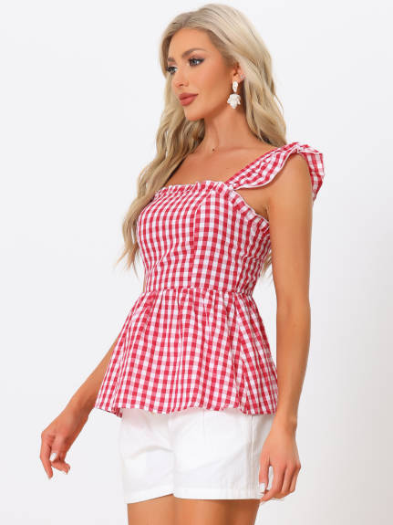 Allegra K- Gingham Peplum Square Neck Blouse