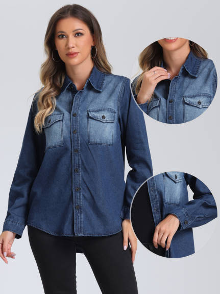 Allegra K - Button Down Long Sleeve Denim Jacket