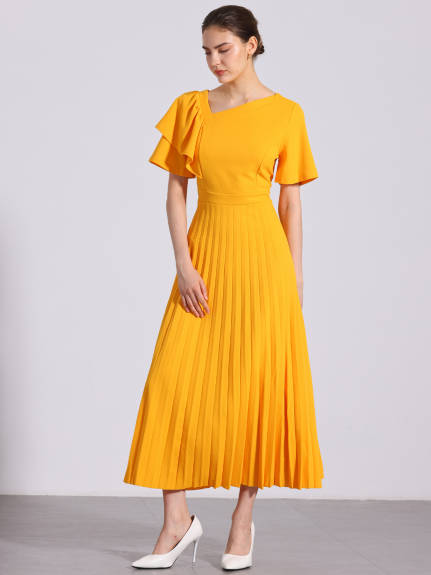 Allegra K - Asymmetrical Neck Pleated Hem Midi Dress