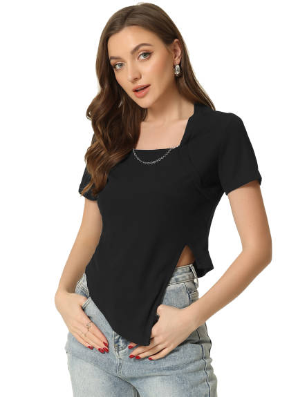 Allegra K - Asymmetrical Split Hem Summer T-Shirt