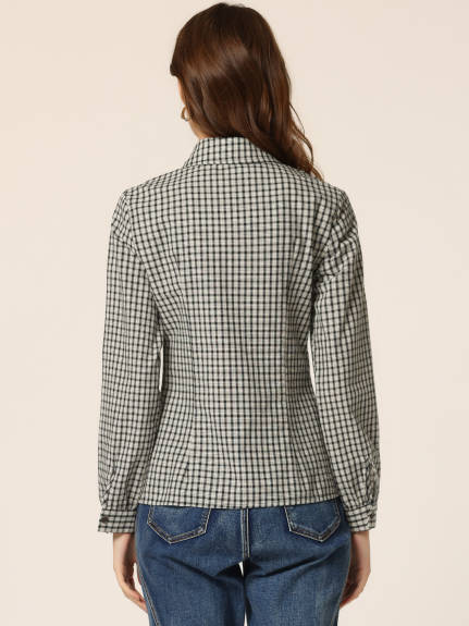 Allegra K- Plaid Point Collar Long Sleeve Double Breasted Shirt