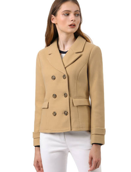 Allegra K- Worsted Notched Lapel Double Breasted Overcoat