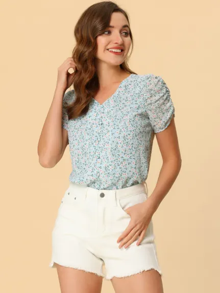 Allegra K- Puff Short Sleeve Chiffon Floral Blouse Shirt