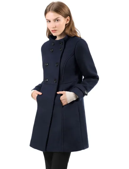 Allegra K- Stand Collar Long Sleeves Double Breasted Coat