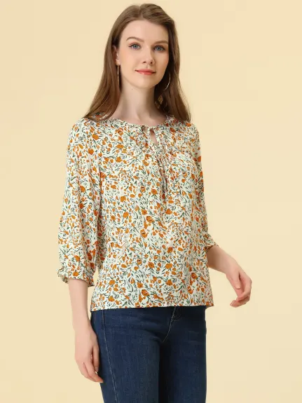 Allegra K- Tie Blouse florale à manches 3/4 et col en V