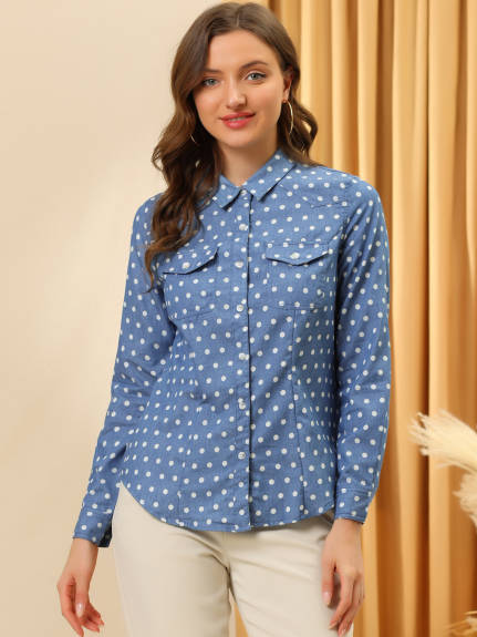 Allegra K- Casual Denim Poplin Button Down Shirt