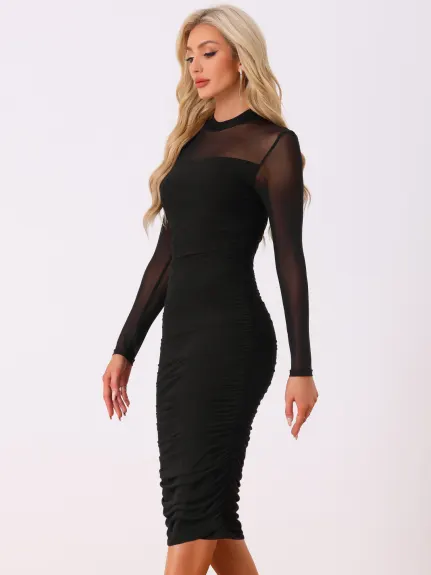 Allegra K - Mesh Mock Neck Long Sleeve Bodycon Dress