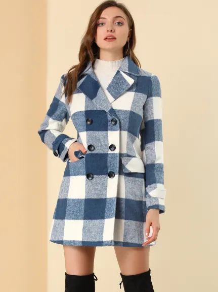 Allegra K- Notched Lapel Double Breasted Plaid Overcoat