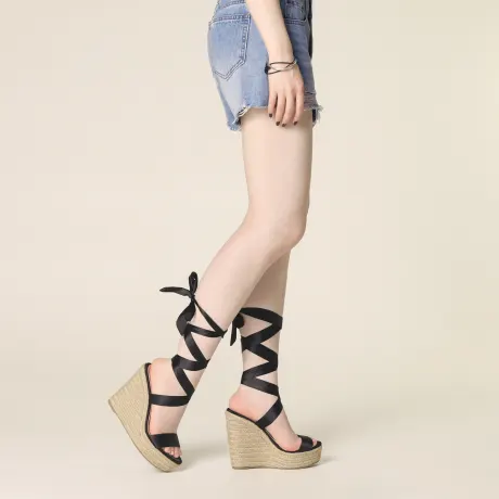 Allegra K - Platform Espadrilles Satin Lace Up Wedge Sandals