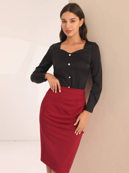 Hobemty- High Waist Pleated Front Midi Pencil Skirt