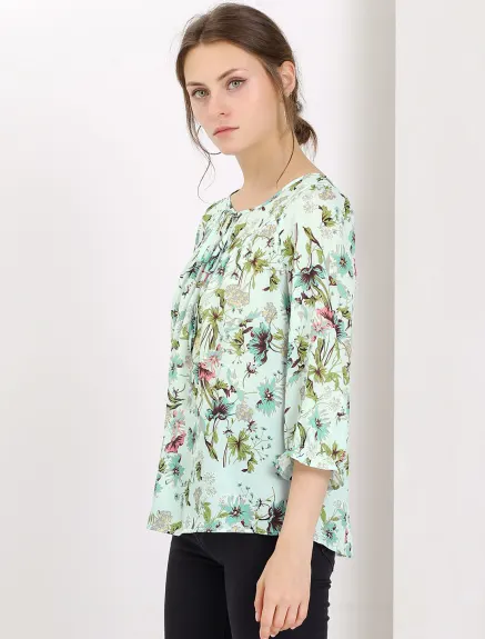 Allegra K- Tie Blouse florale à manches 3/4 et col en V