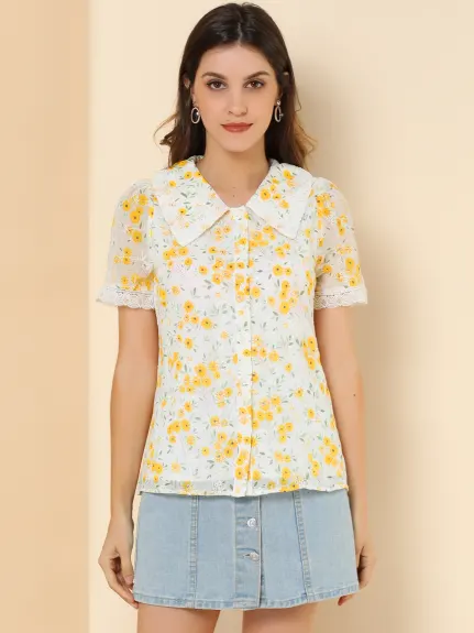 Allegra K - Peter Pan Collar Floral Embroidered Blouse