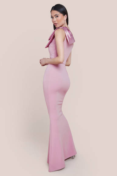 Goddiva - One Shoulder Satin Bow Scuba Crepe Maxi Dress