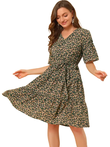 Allegra K- Tiered Ruffle Hem Elastic Waist V Neck Bell Sleeve Floral Dress