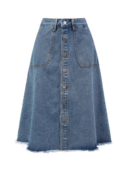 Allegra K- Raw Hem Button Down Denim Skirt