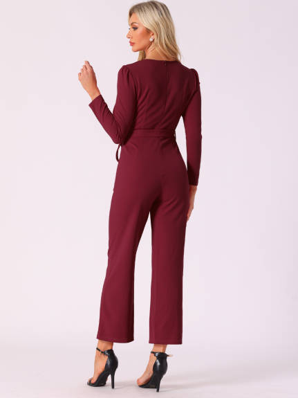 Allegra K - V Neck Long Sleeve Tie Waist Jumpsuit