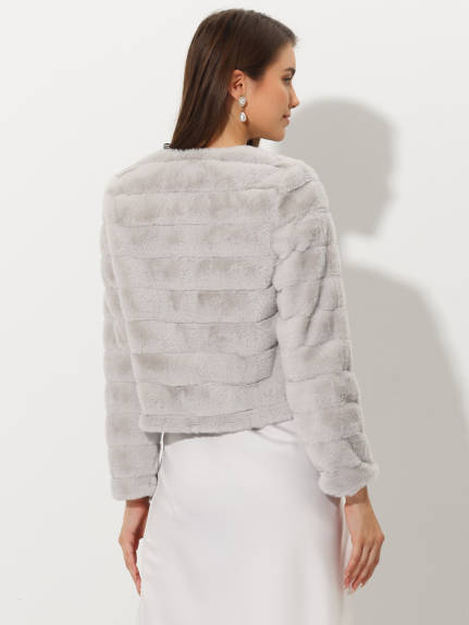 Allegra K- Cropped Collarless Faux Fur Fluffy Coat Jacket