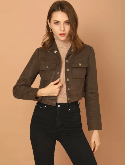 Allegra K- Faux Suede Notched Collar Button Up Cropped Jacket