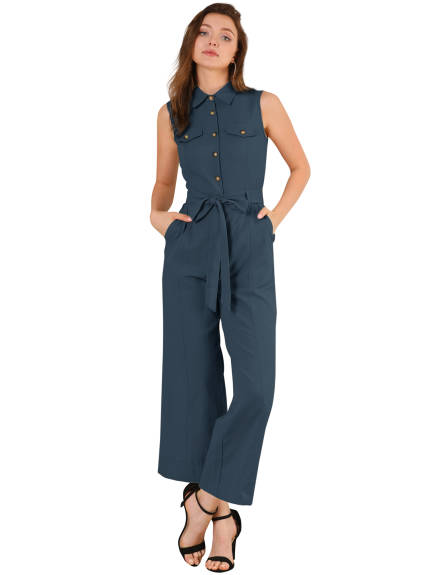 Allegra K- Sleeveless Collared Tie Waist Coverall Button Down Jumpsuit