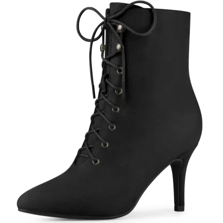 Allegra K - Pointy Toe Zip Lace Up Stiletto Heel Ankle Boots