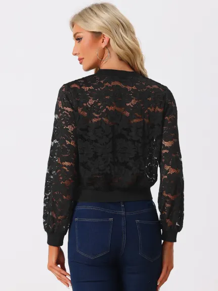 Allegra K- Lace Zip Up Mesh Sheer Jacket