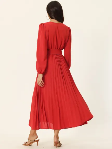 Allegra K- Pleated Puff Long Sleeve V Neck Belt Waist Midi Dress