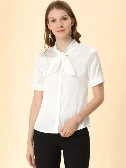 Allegra K- Satin Tie Neck Short Sleeve Blouse Shirt