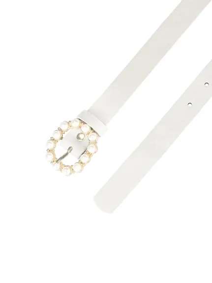 Allegra K- Pearl Waistband Skinny Leather Pin Buckle Belt