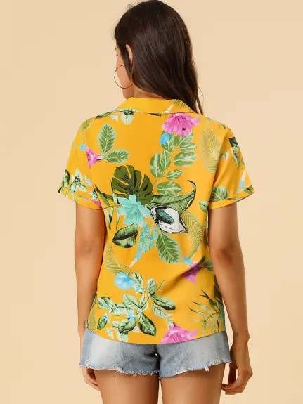 Allegra K- Beach Tropical Floral Leaves Button Down Shirt