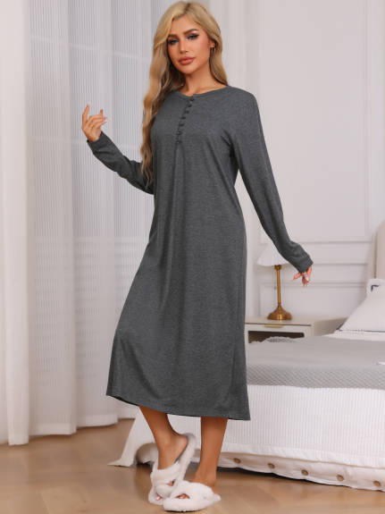 Cheibear - Button Down Long Sleeve Knit Nightgown