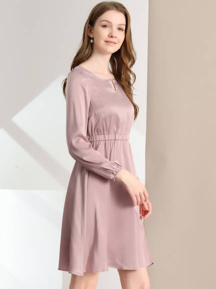 Allegra K- Round Neck Keyhole Belted Long Sleeve Satin Dress