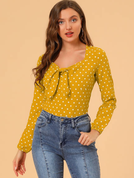 Allegra K- Tie Long Sleeve Polka Dots Blouse