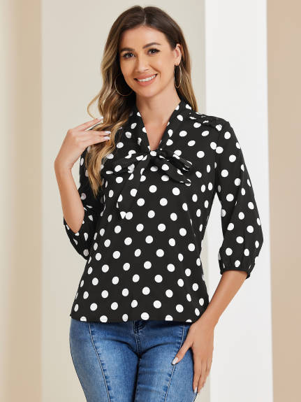 Allegra K- Polka Dots Ruffle Shoulder Bow Tie Neck Blouse