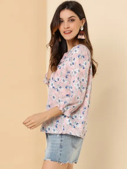 Allegra K- Tie V Neck Ruffled 3/4 Sleeve Floral Blouse