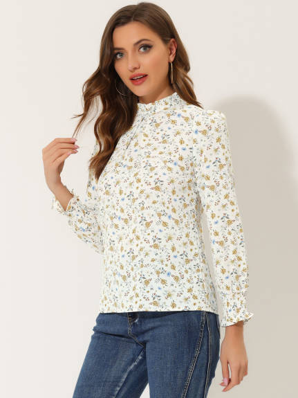 Allegra K- Ruffled Mock Neck Smocked Printed Blouse