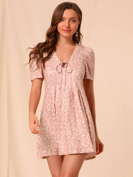 Allegra K- Floral Short Sleeves Flare Dress