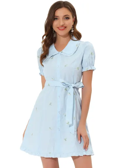 Allegra K- Peter Pan Ruffle Sleeve Vintage Floral Cotton Dress