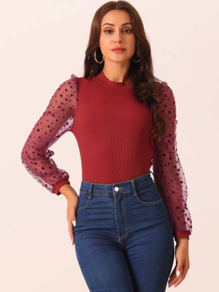 Allegra K - Mock Neck Polka Dot Sheer Sleeve Bodysuit