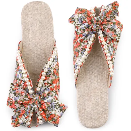 Allegra K - Floral Print Peep Toe Slip-on Pearl Flat Slides